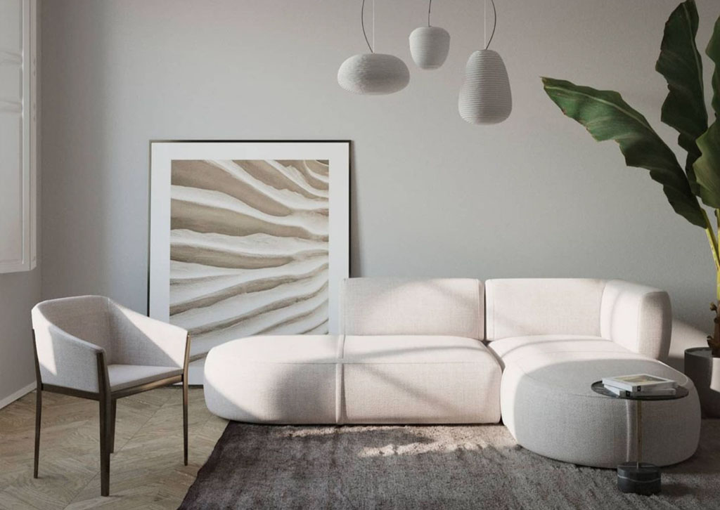 interior design render soggiorno divano bianco
