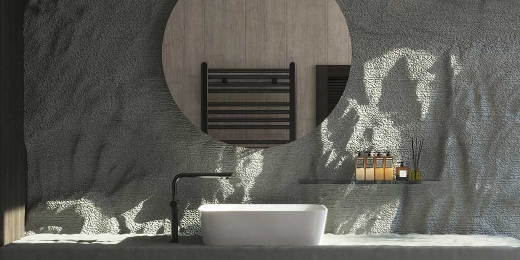 bagno lavabo appoggio piano marmo parete materica